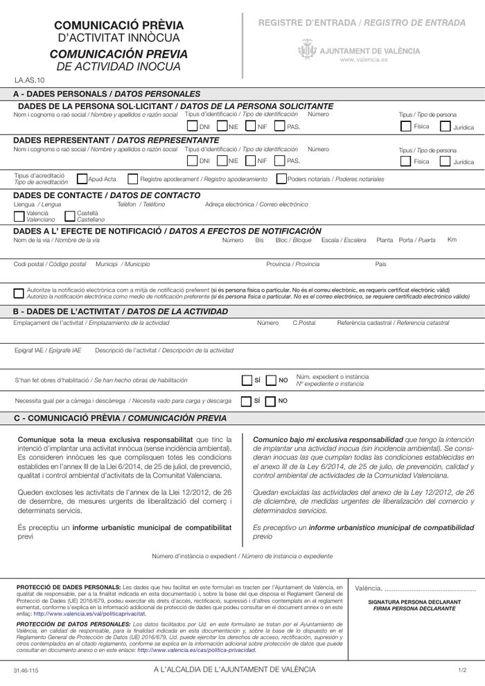 Comunicación de actividad inocua